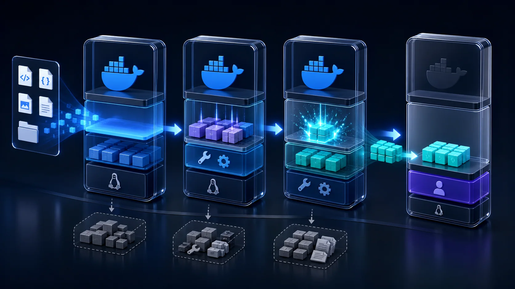 Four container build stages progressively reducing source and build dependencies into a compact runtime
