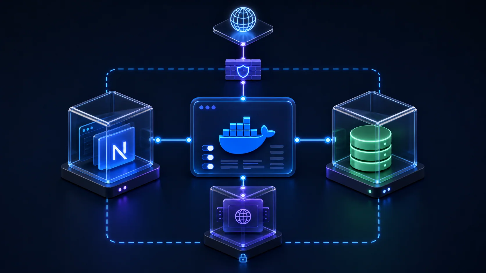 Docker Compose control panel connecting isolated web, proxy, and database containers on a private network