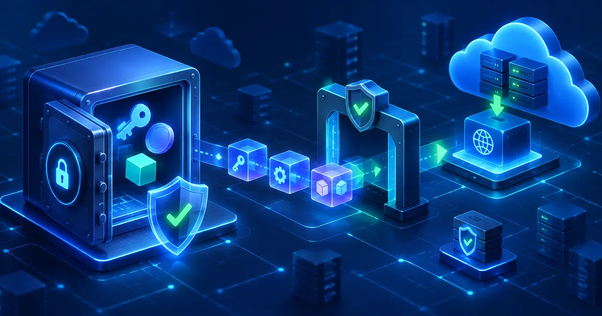 Protected credentials moving through a guarded deployment gateway