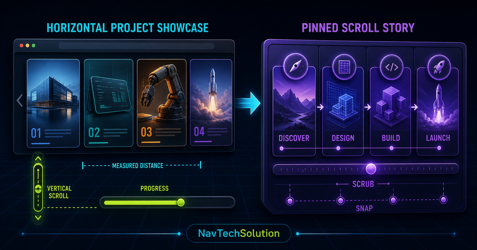 Horizontal project showcase connected to a pinned portfolio scroll story