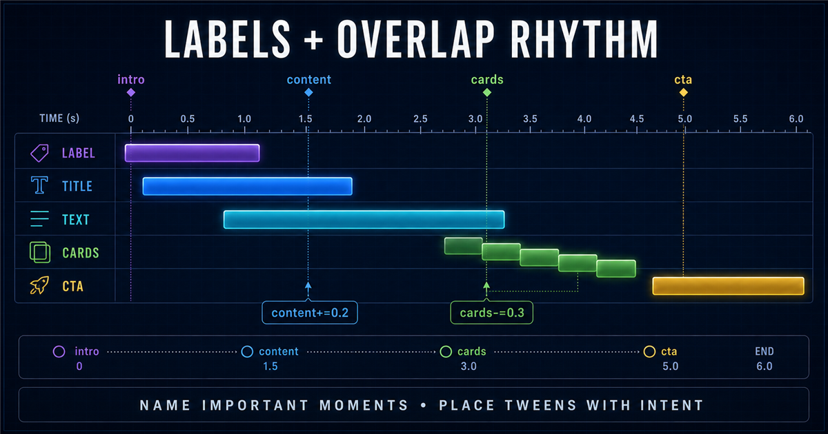 GSAP timeline labels and overlapping animation rhythm