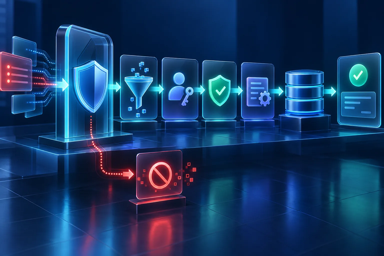 Untrusted API request passing through validation, identity, authorization and business rule checkpoints before reaching a database