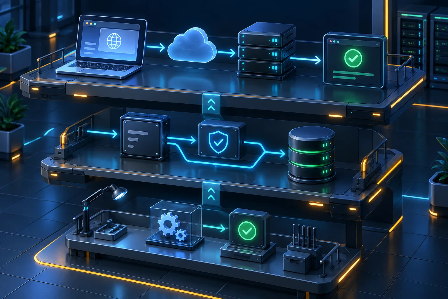 Three-level API testing lab representing pure logic, route integration and real HTTP verification