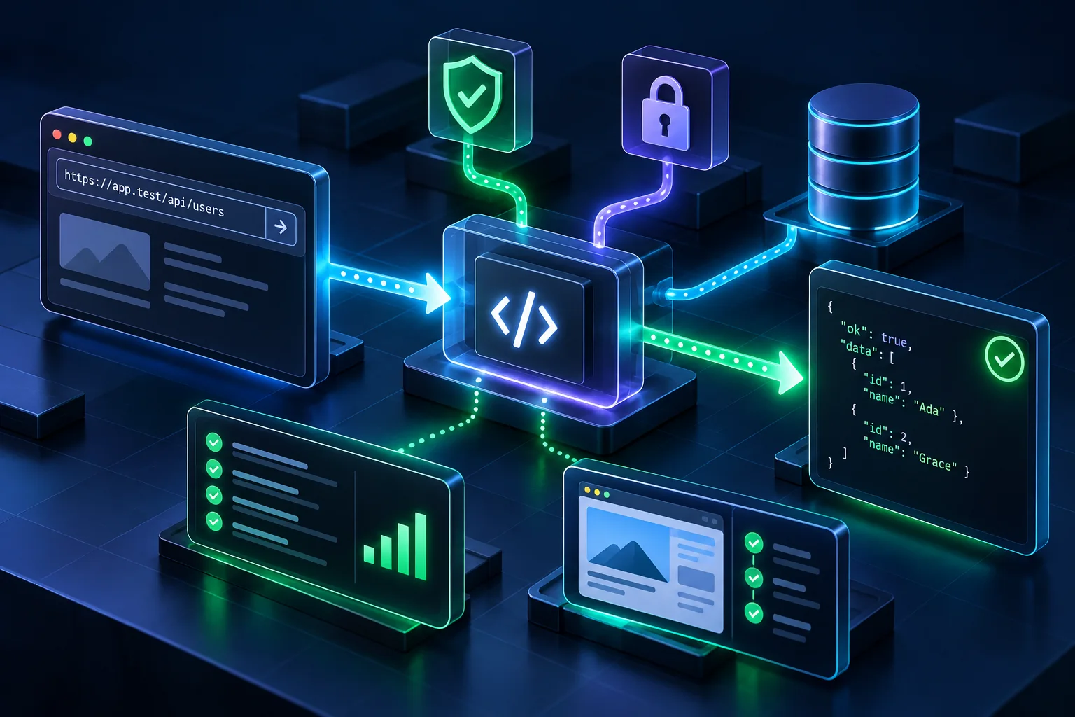 Route Handler gateway connecting a browser request to validation, authentication, a database and a successful JSON response