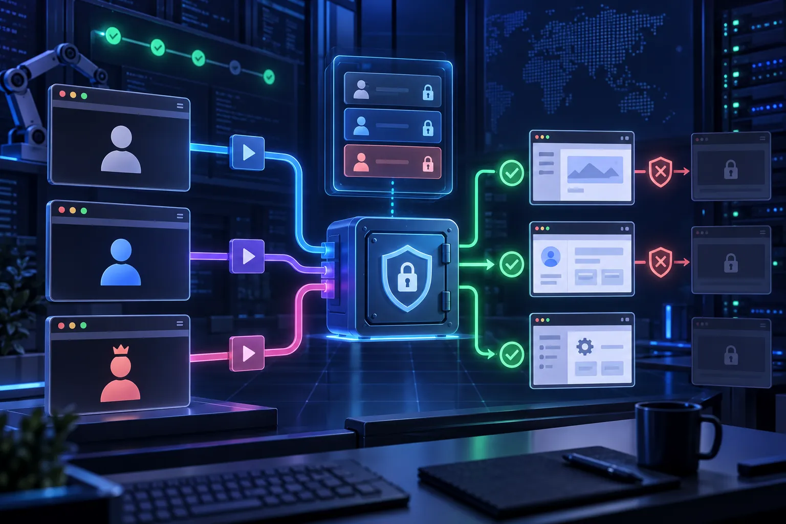 Three isolated browser test roles passing through a secure state vault toward allowed and denied application routes