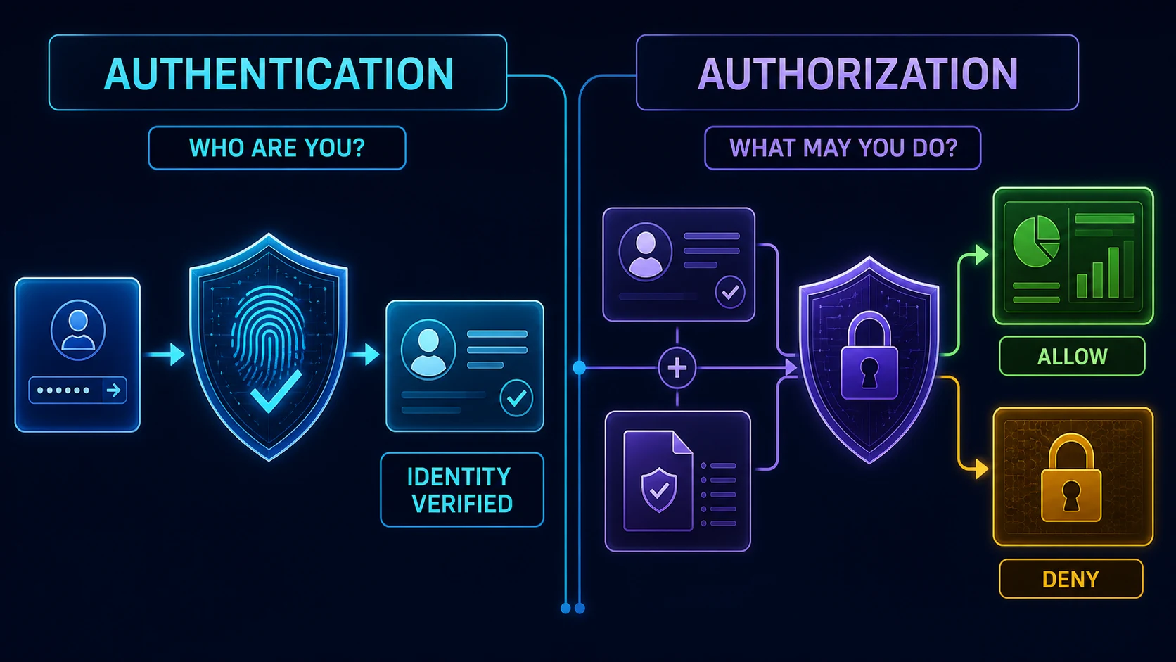 Authentication verifying identity followed by authorization allowing or denying access according to policy