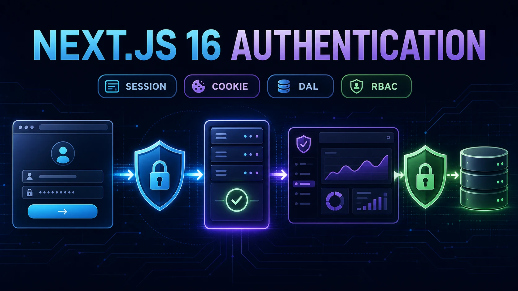 Next.js login passing through session and authorization shields to a protected dashboard and database