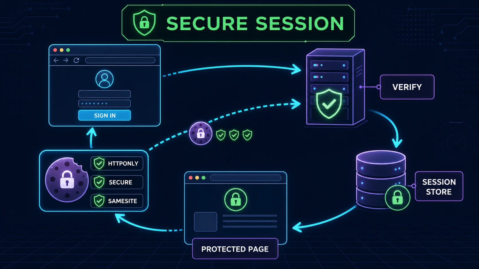Secure session loop from sign-in and verification to an HttpOnly Secure SameSite cookie and protected page