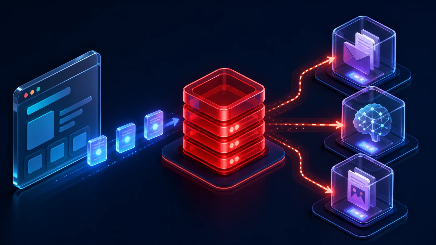 Web producer sending compact jobs to a central Redis queue where isolated email, AI, and document workers process them