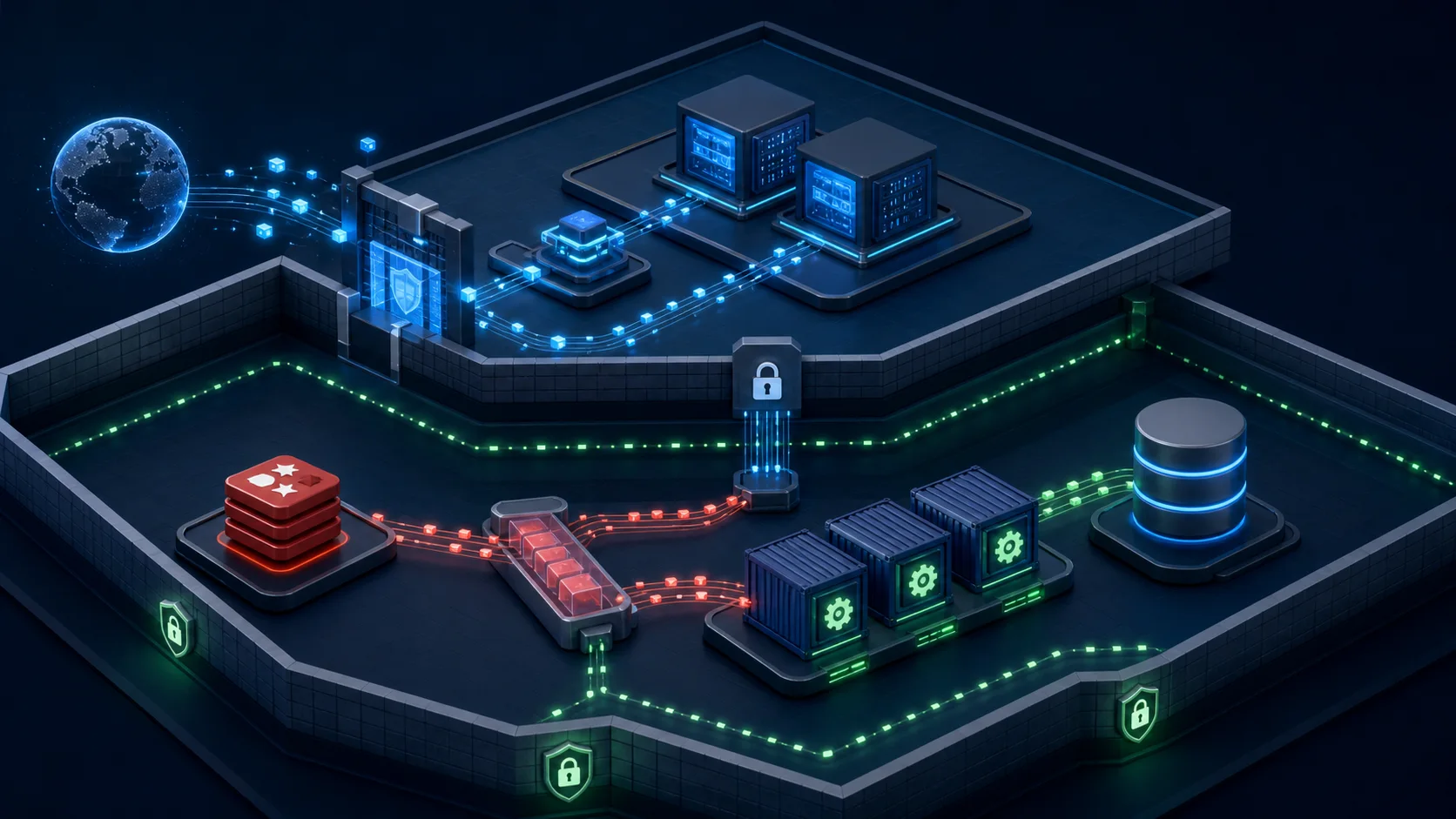 Secure production cutaway with public gateway and web application separated from private Redis, PostgreSQL, and horizontally scaled worker containers