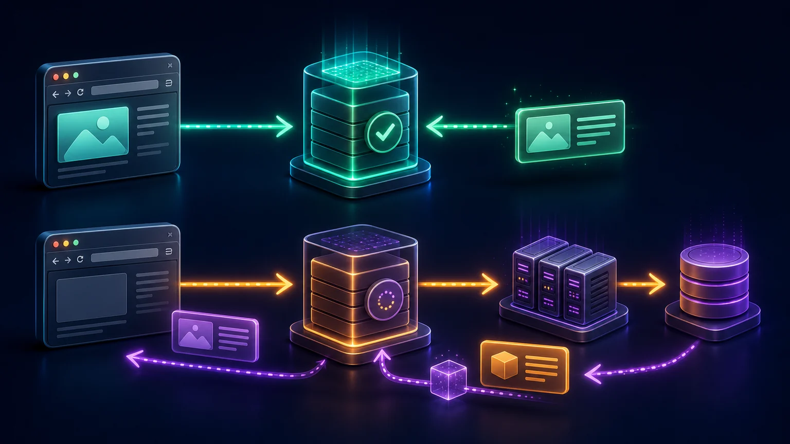Two request lanes showing immediate cache reuse and a cache miss reaching servers and a database before storing a result