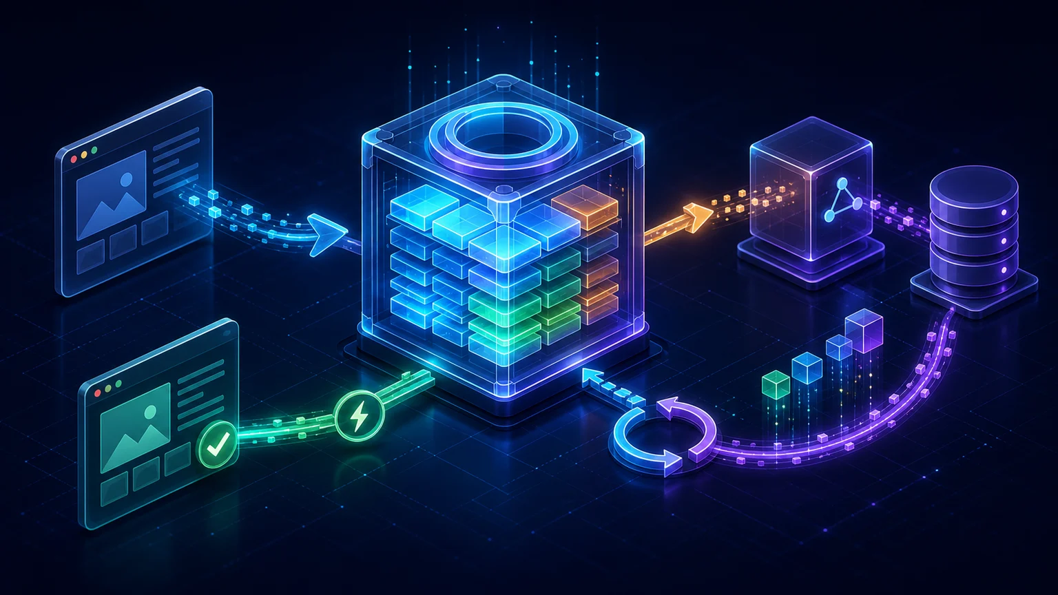 A central cache serving reusable browser content while an API and database feed a controlled refresh loop