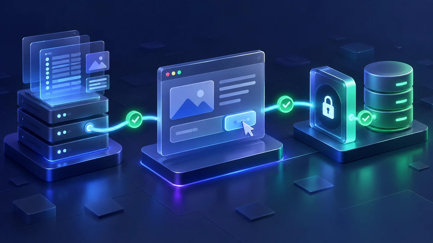 Server data, an interactive browser and a protected database connected by verified execution steps