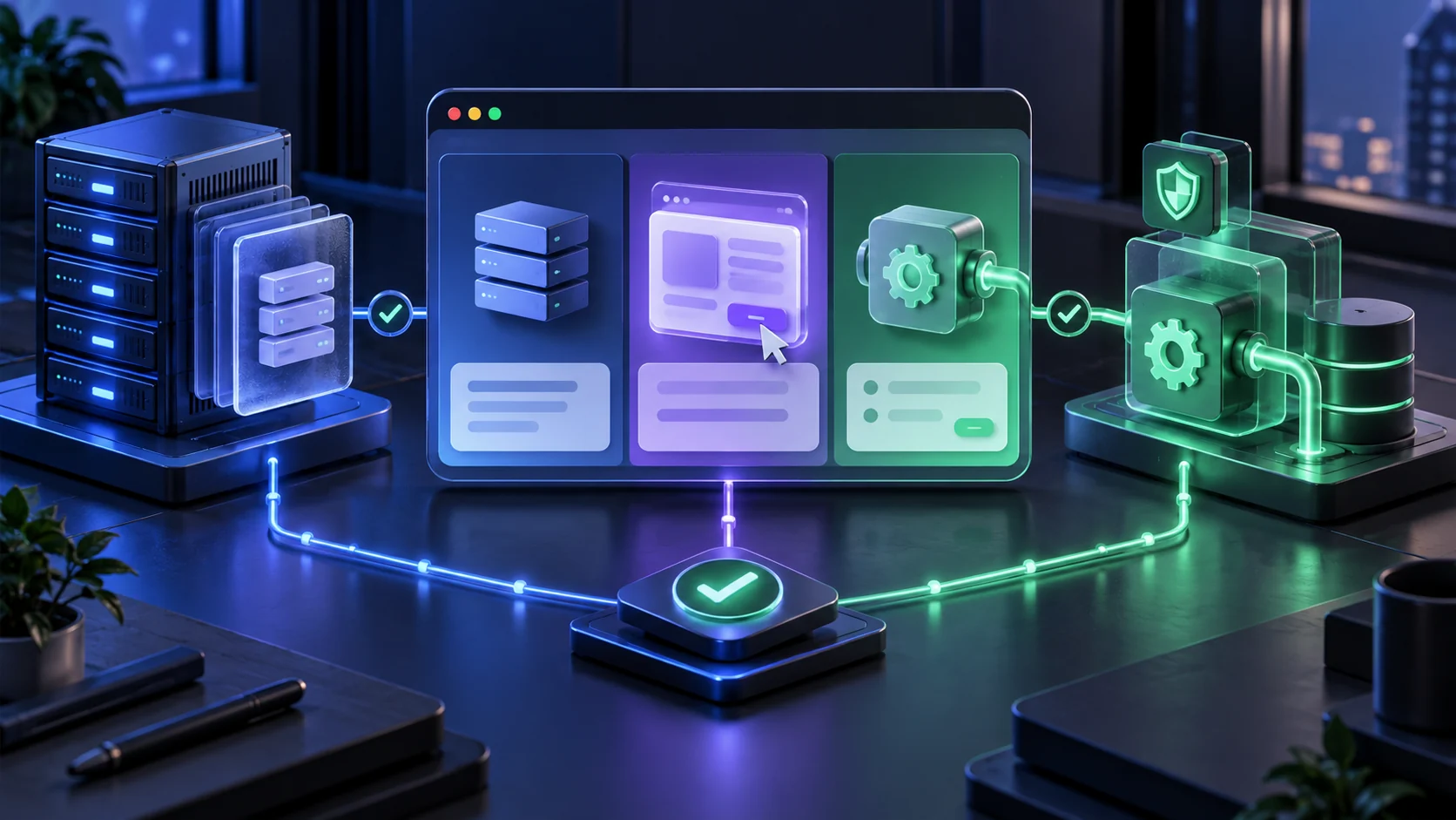 Server, interactive browser component and secure action pipeline connected by successful tests