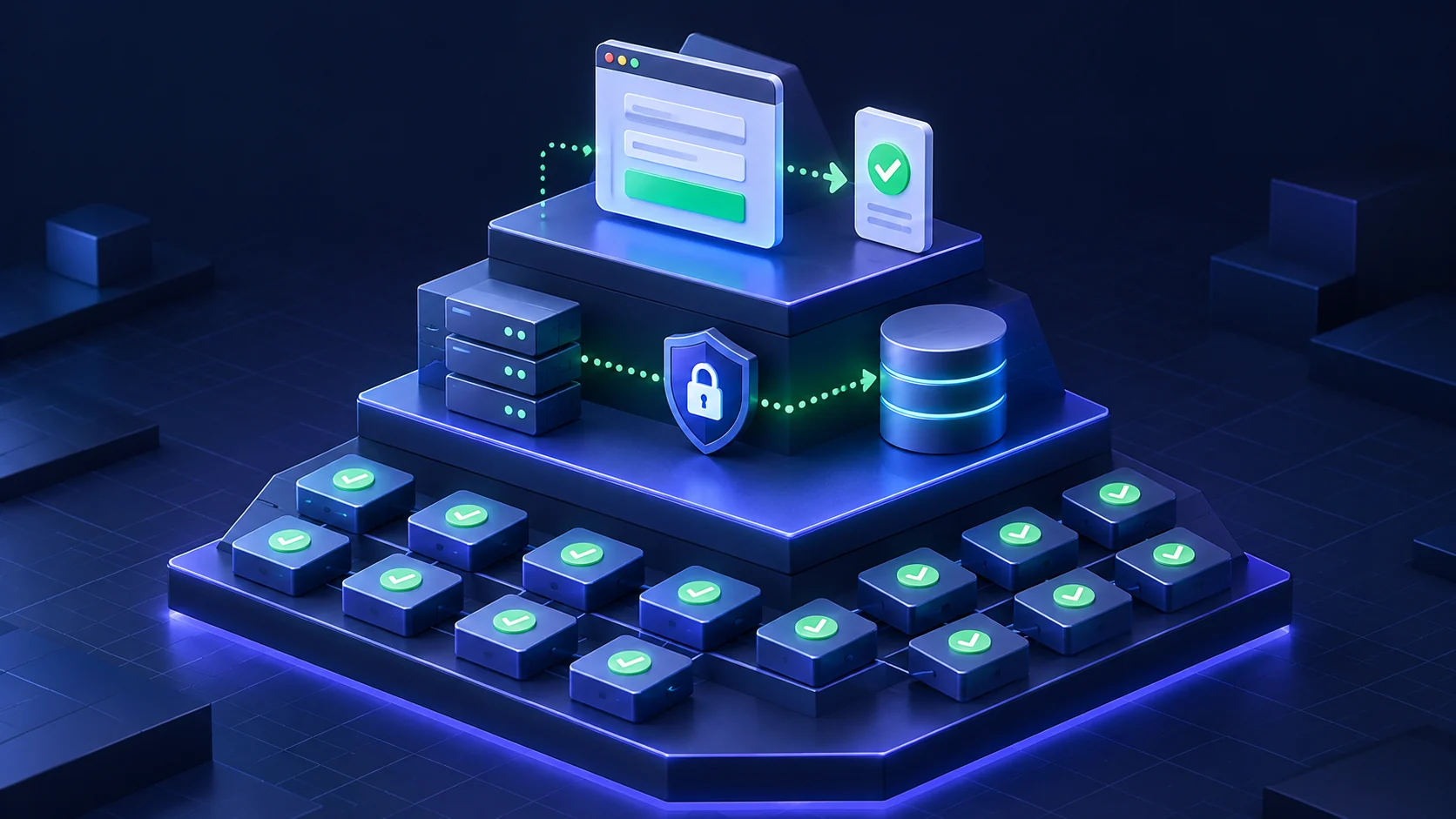 A layered testing pyramid with many unit checks, an isolated service and database layer, and one complete browser form flow