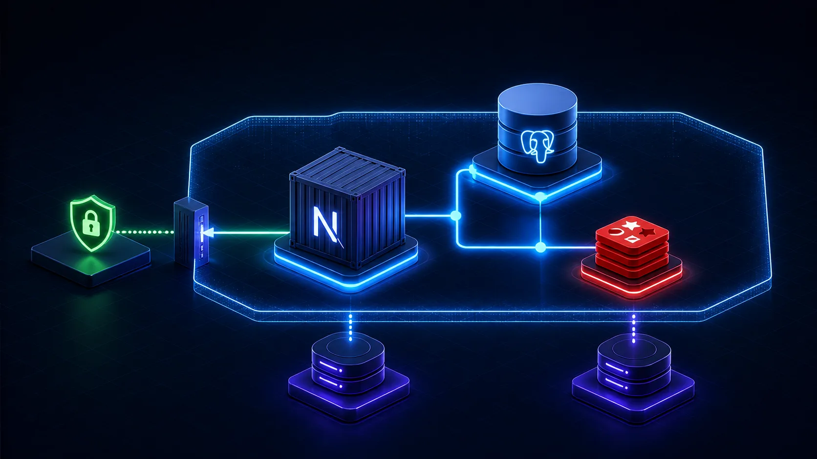 Private Docker network connecting a Next.js container with PostgreSQL and Redis while a protected gateway handles public traffic