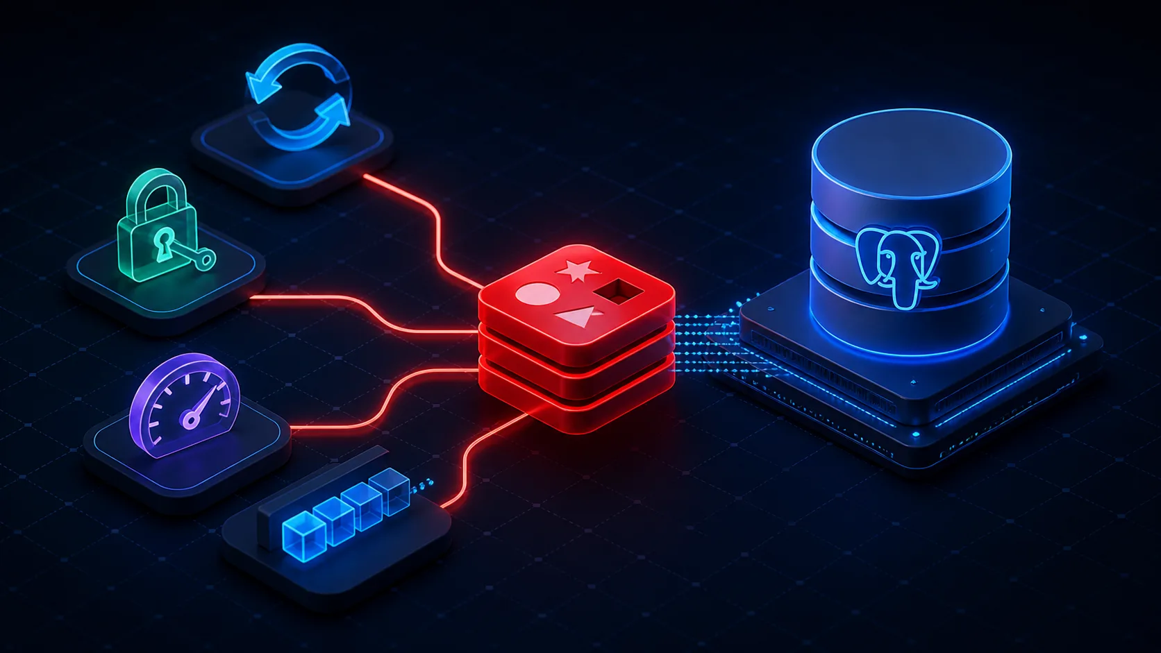 Redis serving cache, rate limiting, secure session and coordination patterns next to PostgreSQL