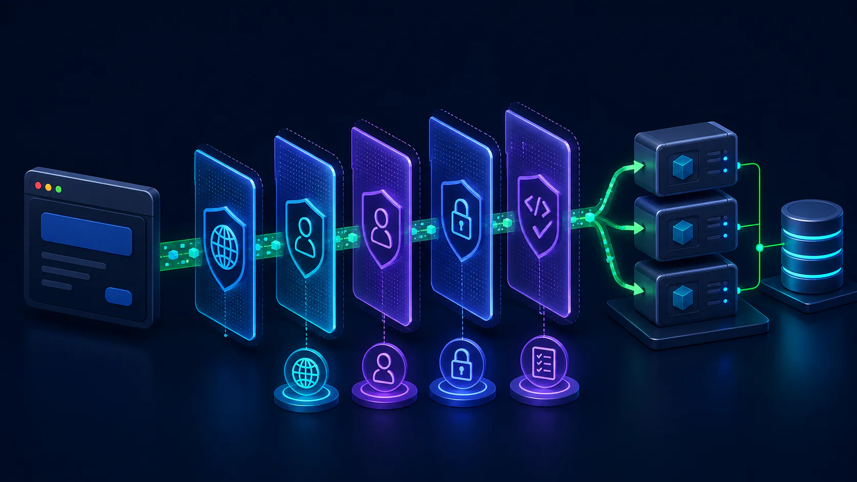 Browser request passing through origin, identity, permission and validation layers before reaching scaled application servers and shared state