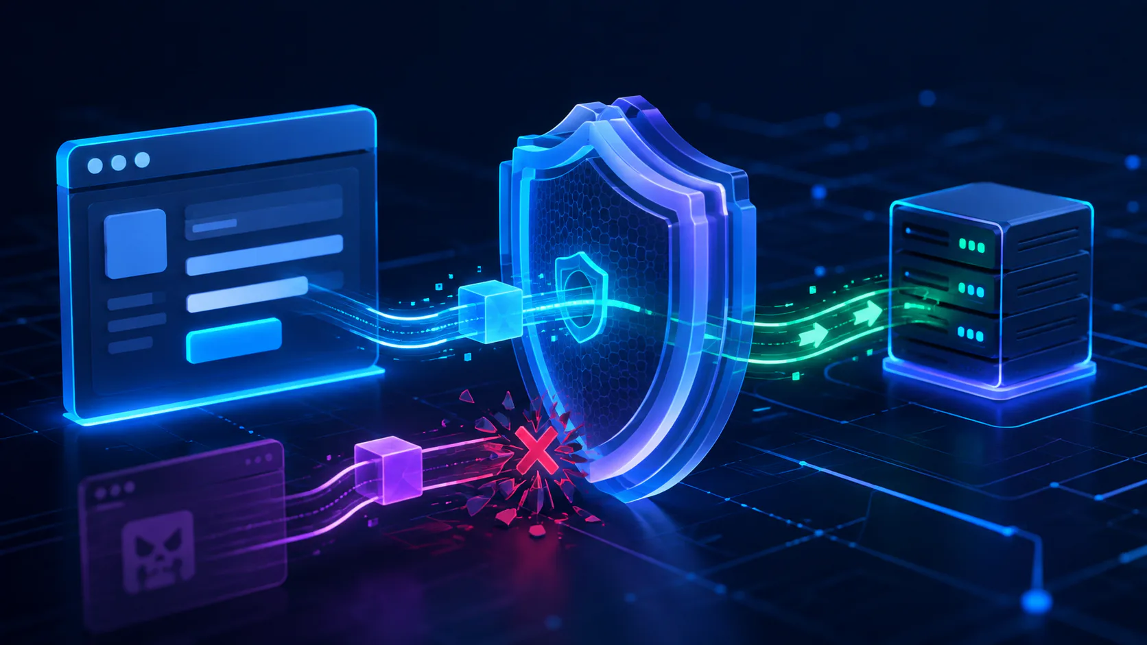 Secure browser form request passing through a layered shield while a hostile cross-site request is blocked