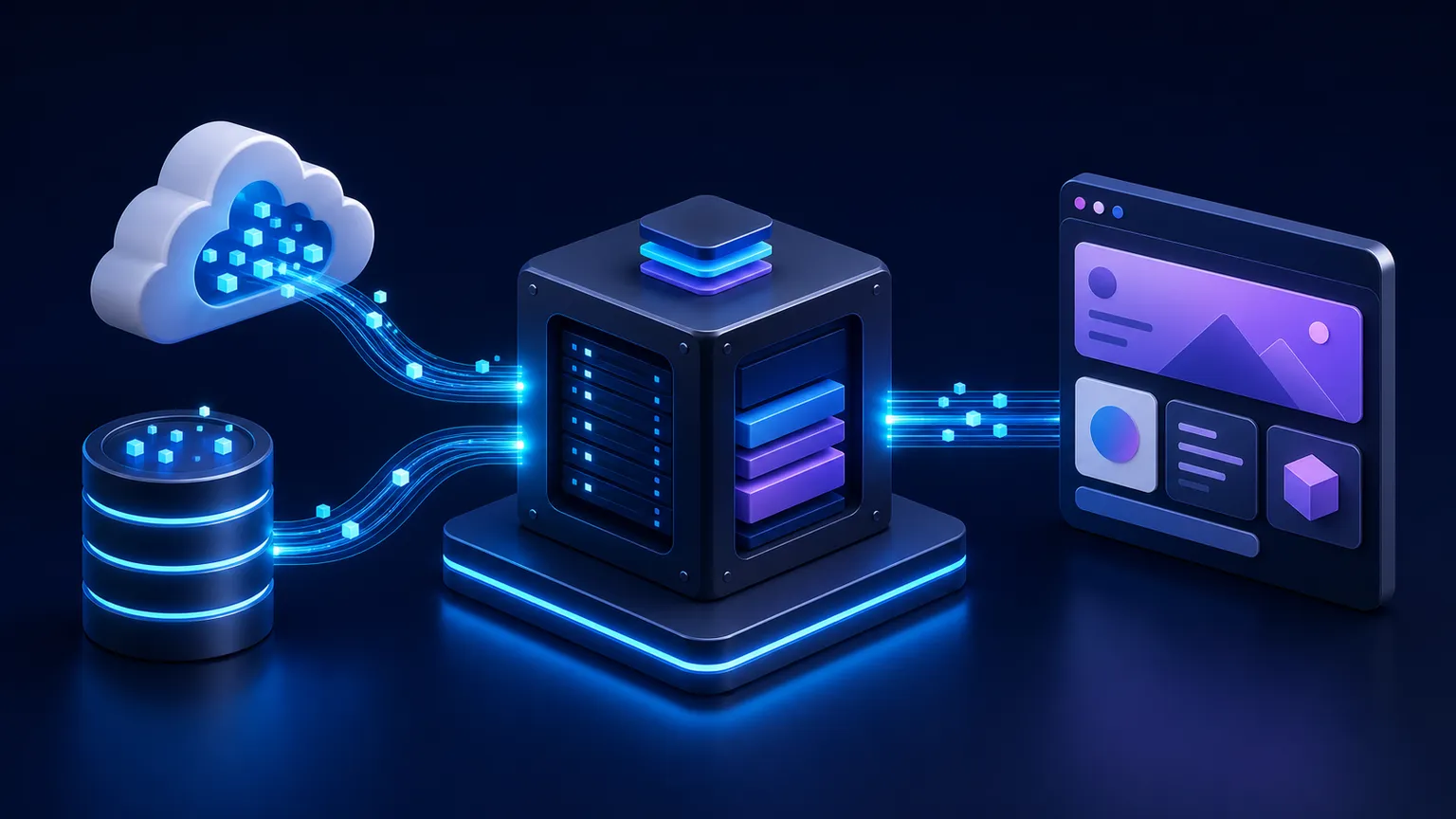 An API cloud and database feeding data through a secure server into a browser dashboard