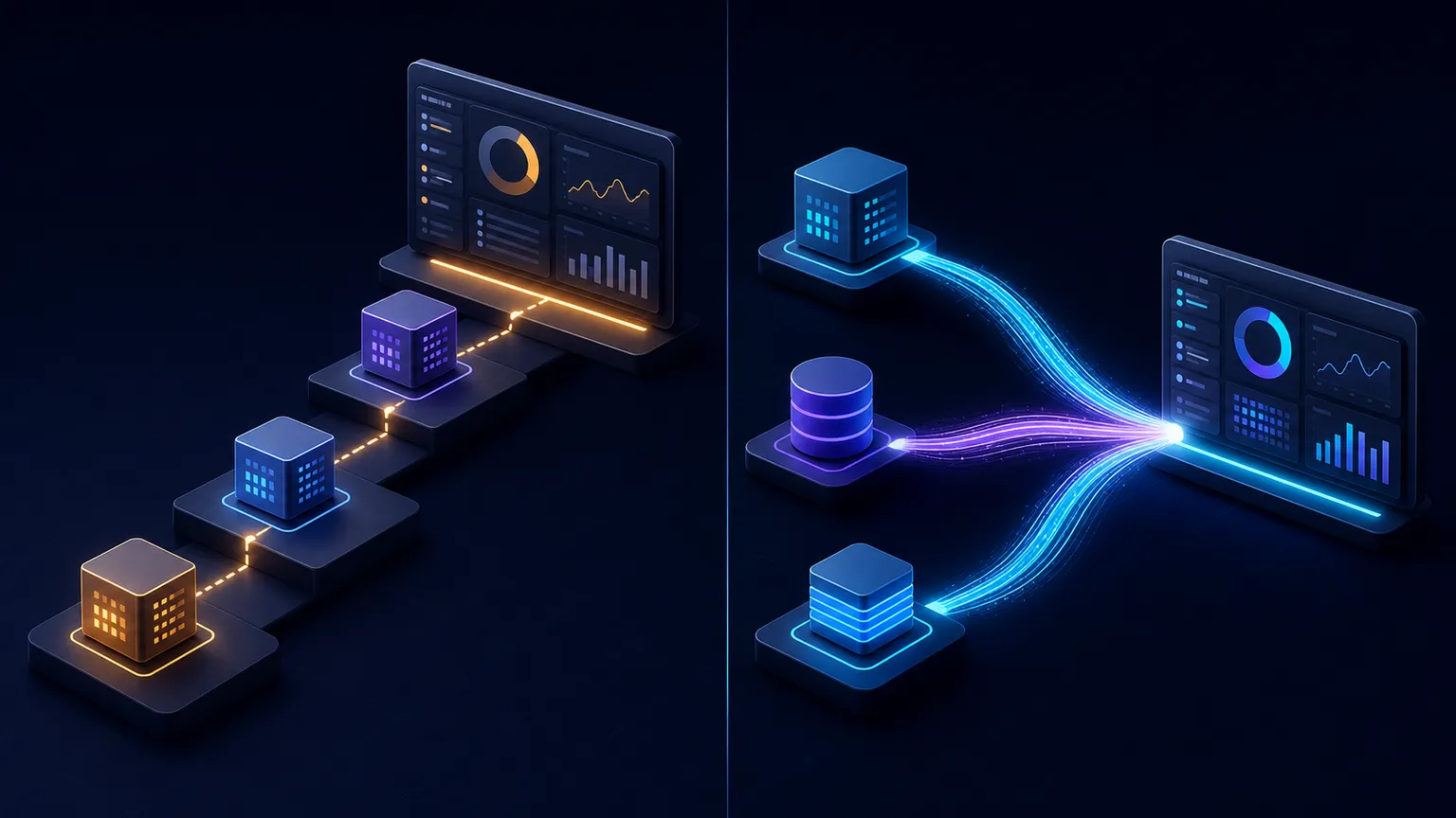 A stepped sequential data path compared with three parallel data paths converging into a dashboard