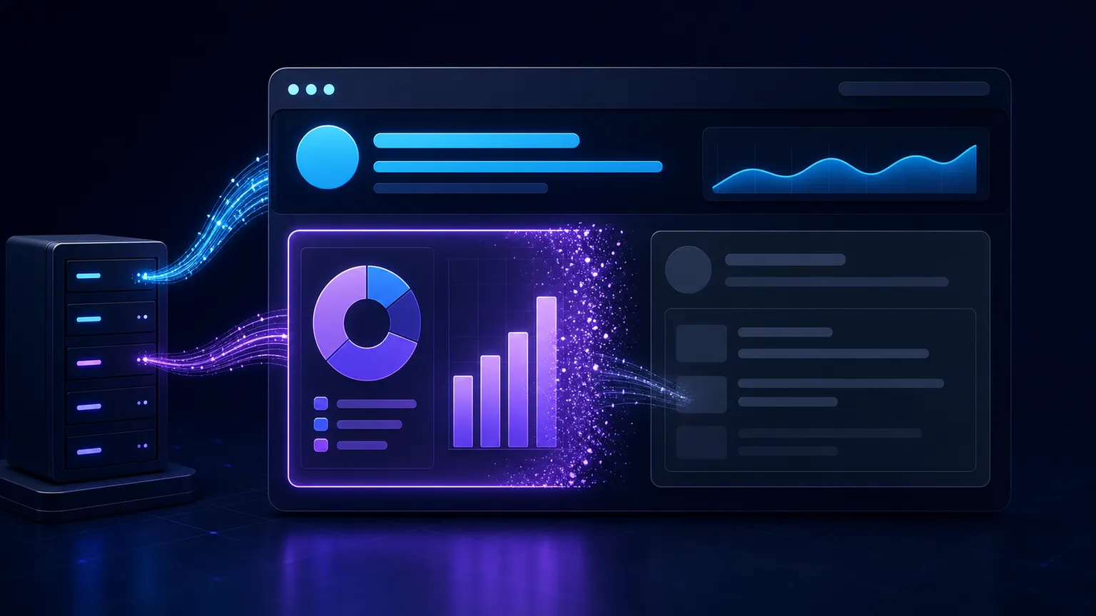 A dashboard with a completed header, an analytics panel streaming into view, and a posts panel showing a loading skeleton