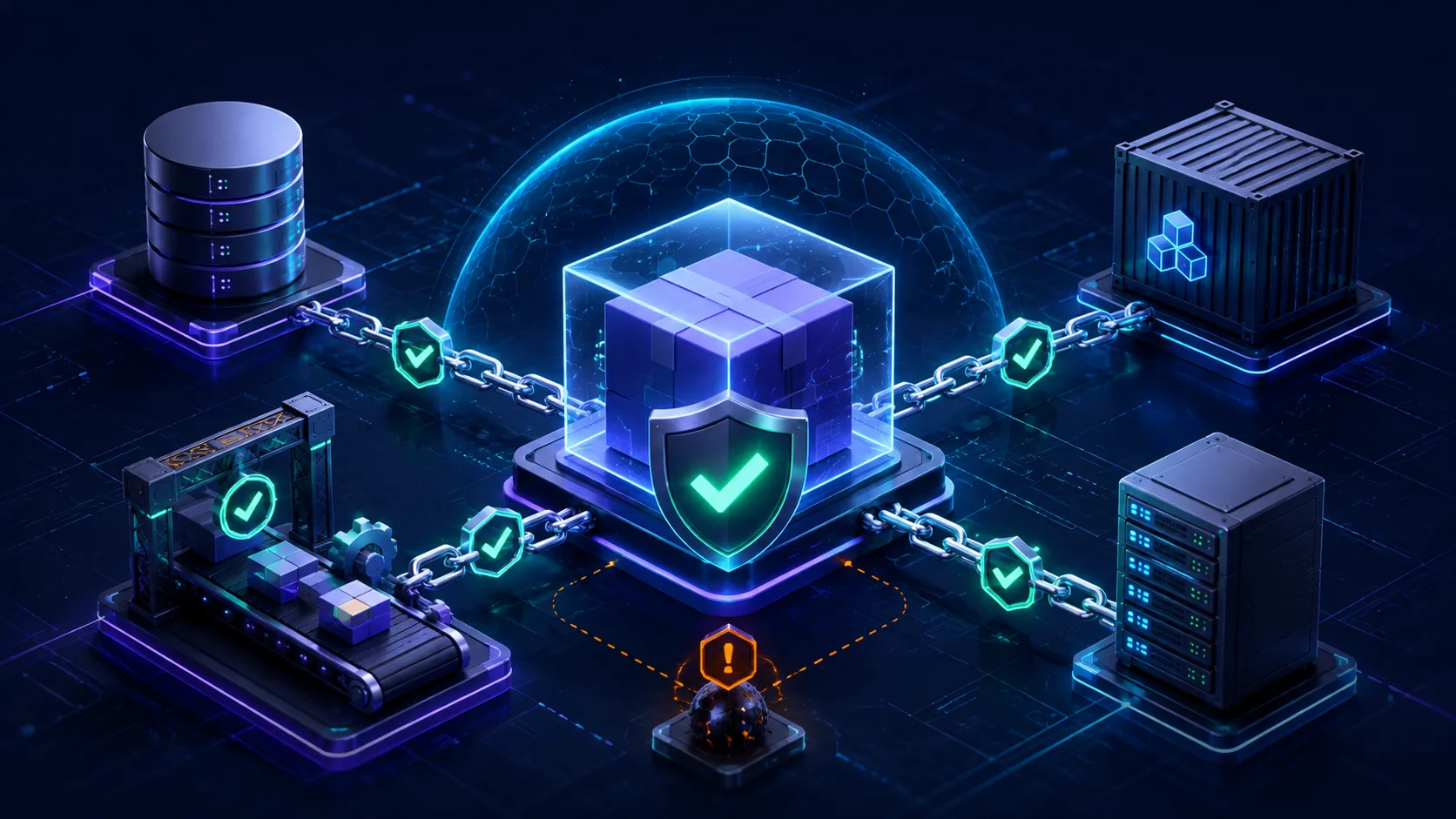 A protected software package connected to reviewed registry, CI, container and production stages