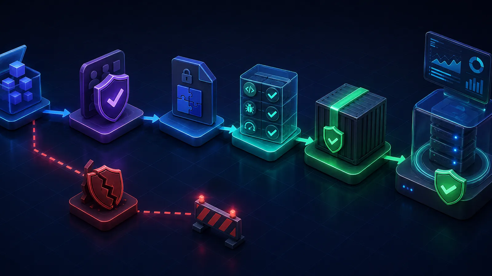 A dependency update moves through package review, security scanning, tests, a protected container and monitored production while an unsafe route is blocked