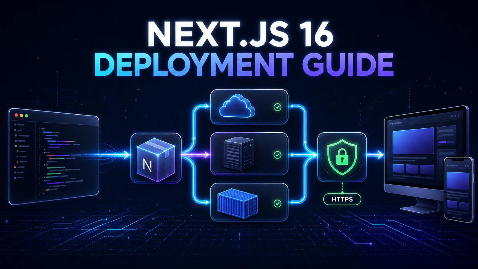 Next.js 16 deployment pipeline branching from code to managed cloud, server, and container before secure HTTPS delivery