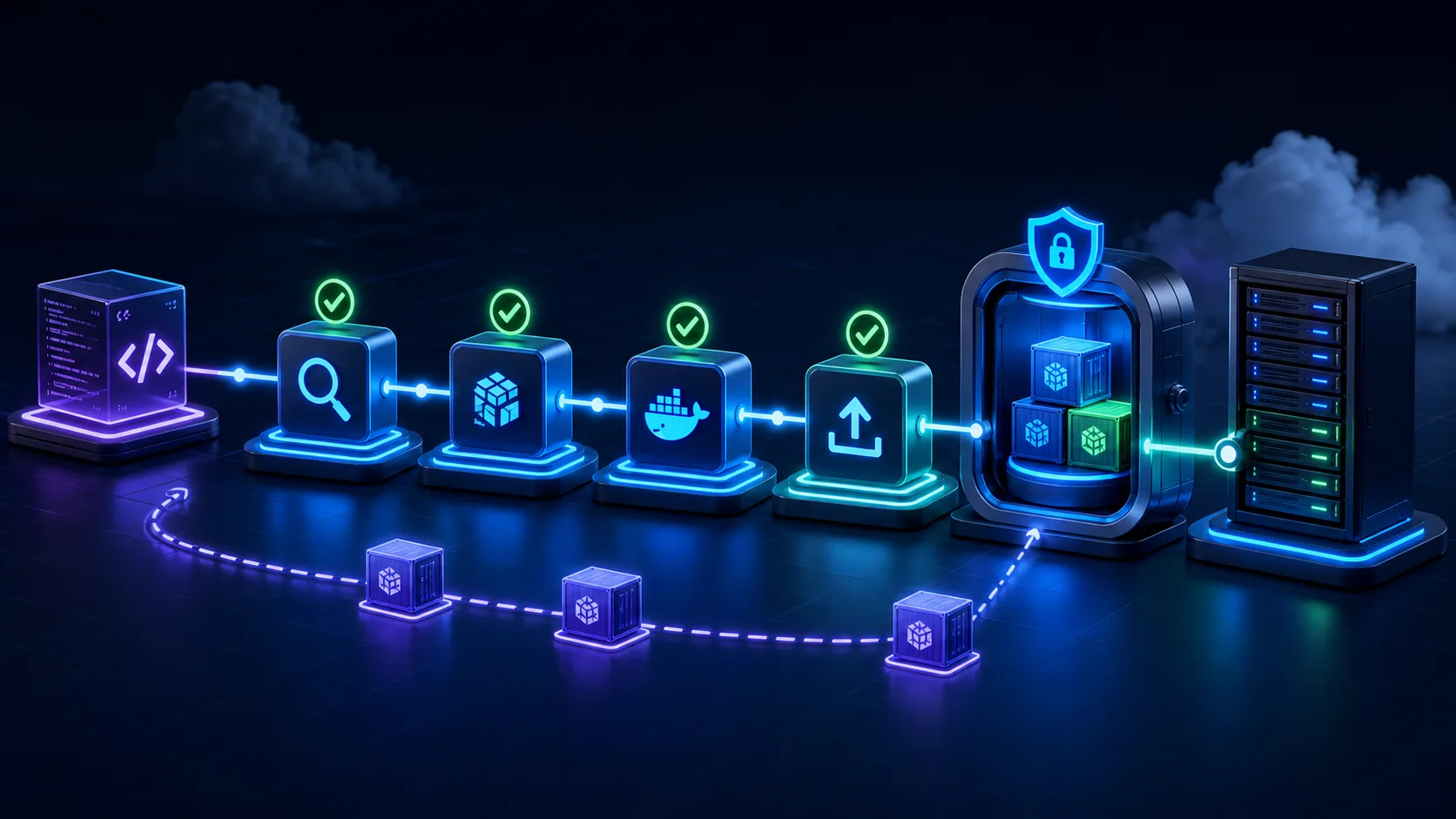 Automated source validation, Docker build, registry publication, VPS deployment and versioned rollback pipeline