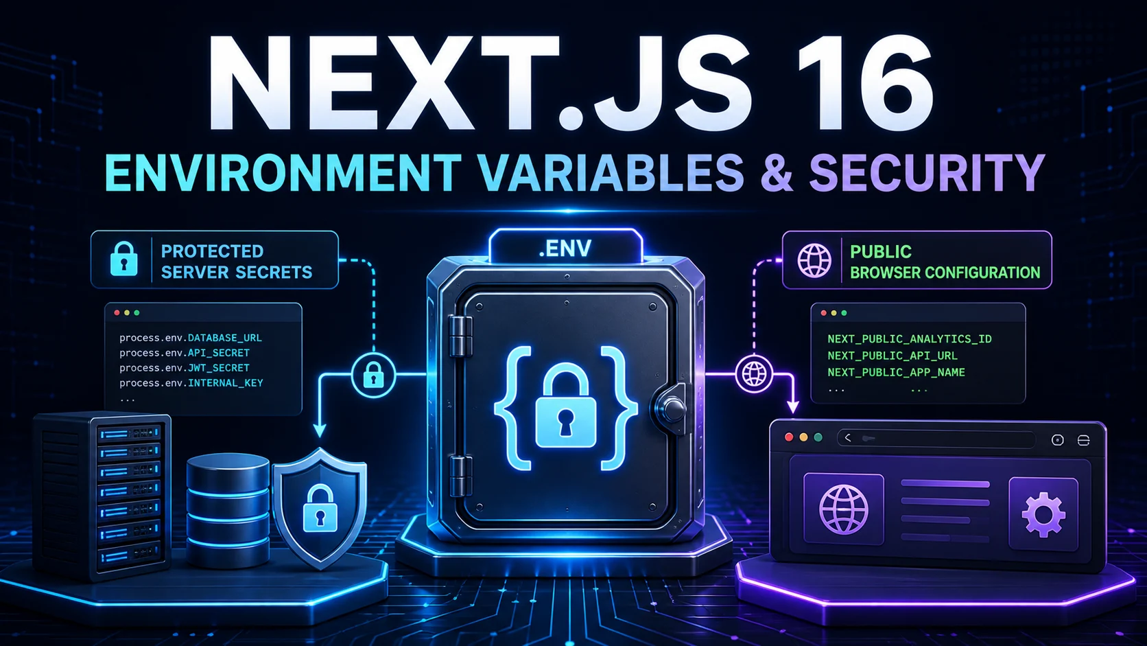 Next.js environment variables split between protected server secrets and intentionally public browser configuration