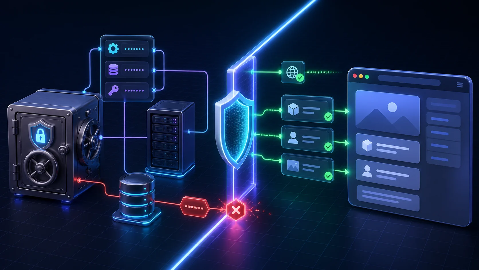 Protected server vault and database sending only approved safe data through a shield boundary to a browser