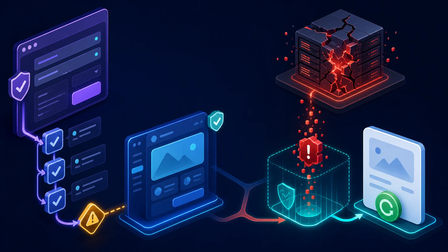 Predictable validation follows a stable UI path while an unexpected server failure is captured by a boundary and offered a retry