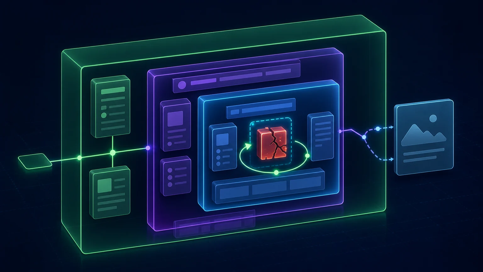 Nested application compartments isolate a failed inner module while surrounding layouts remain healthy and a local retry loops around the failure