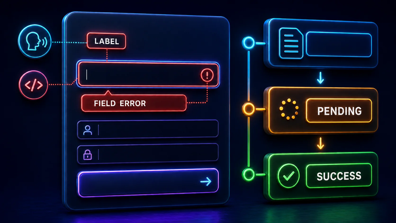 Accessible form field with a linked visible error followed by pending and success states