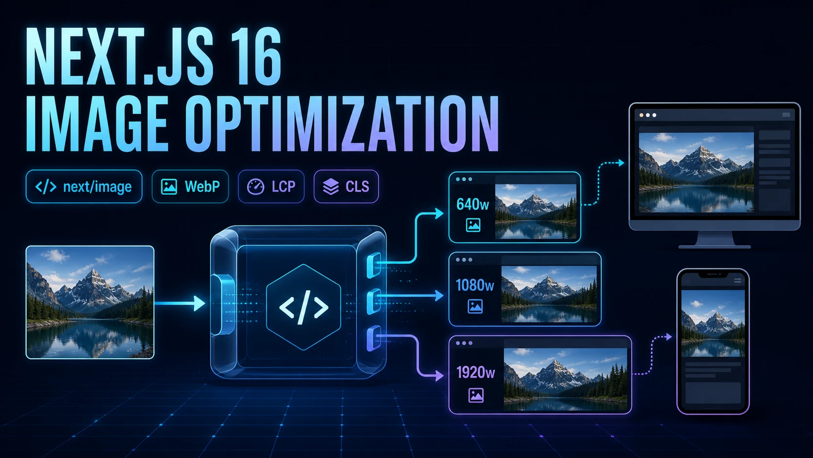 Next.js image optimization pipeline turning one source into responsive 640, 1080, and 1920 pixel variants