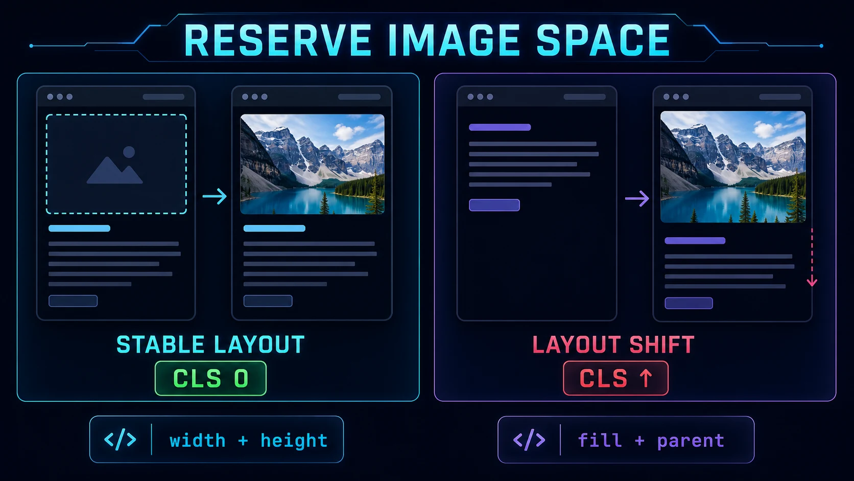 Comparison of reserved image space keeping content stable and a missing image ratio causing layout shift