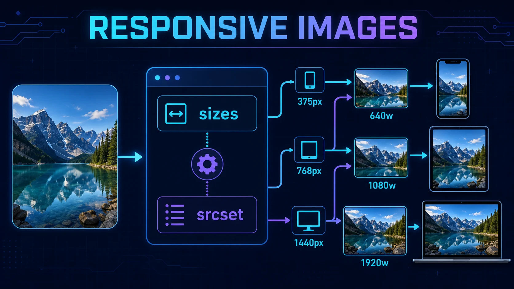 Browser using sizes and srcset to select 640, 1080, or 1920 pixel image candidates for different viewports