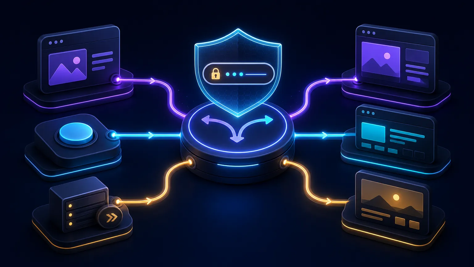 A secure router hub directing links, user actions, and server redirects toward destination screens