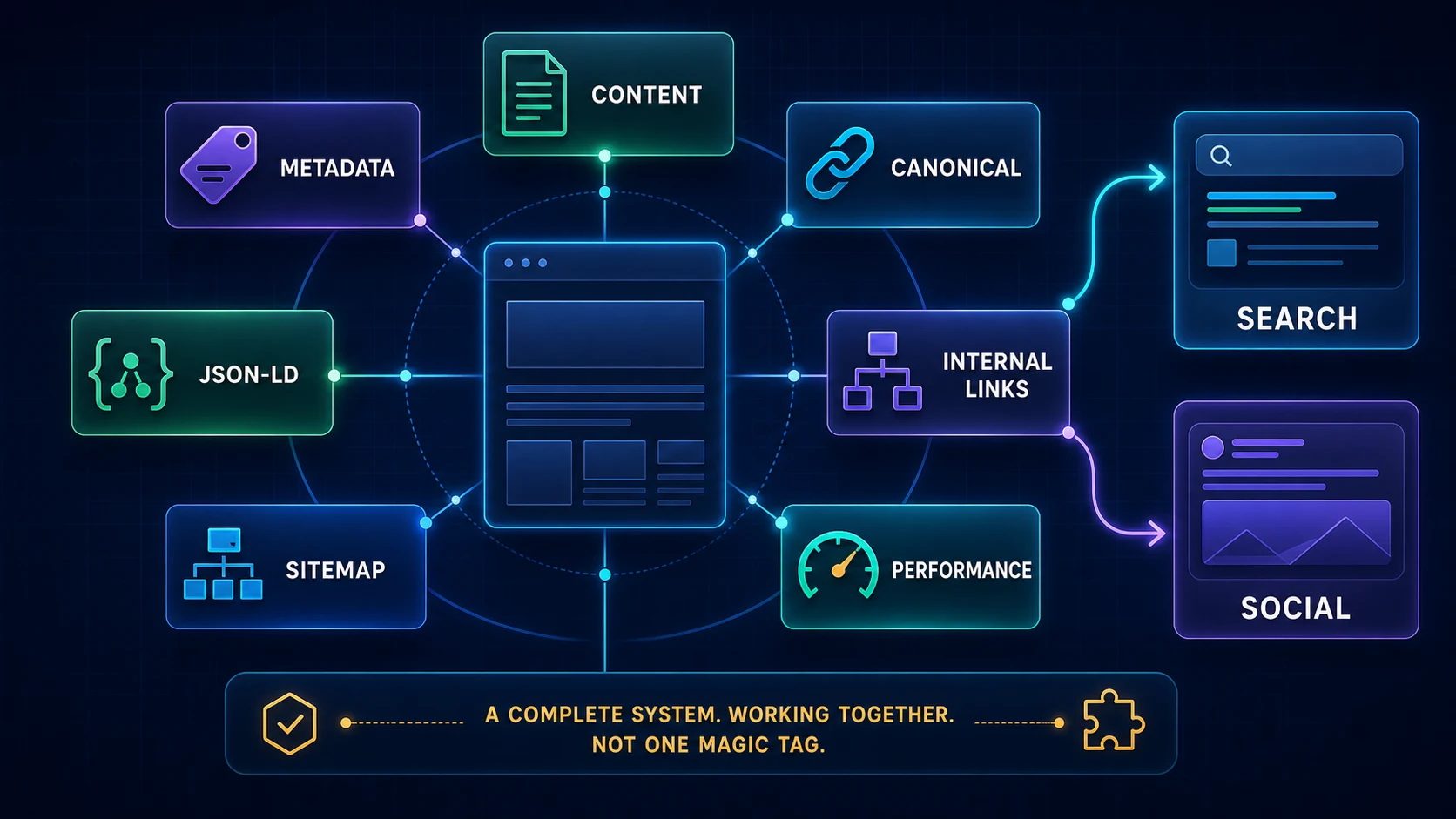 Content, metadata, canonical, JSON-LD, internal links, sitemap, and performance working together for search and social discovery