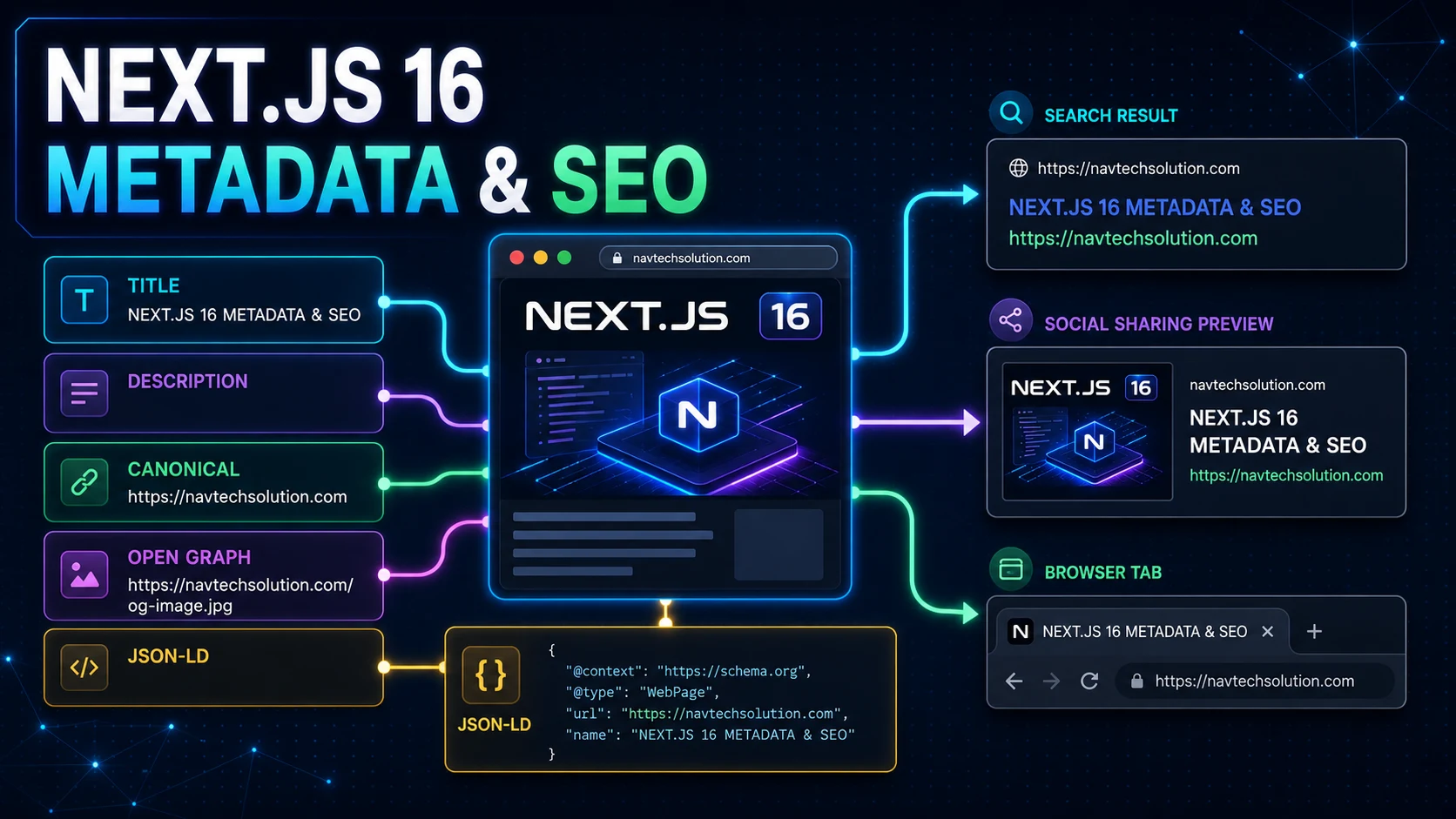 Next.js title, description, canonical, Open Graph, and JSON-LD metadata producing search, social, and browser previews