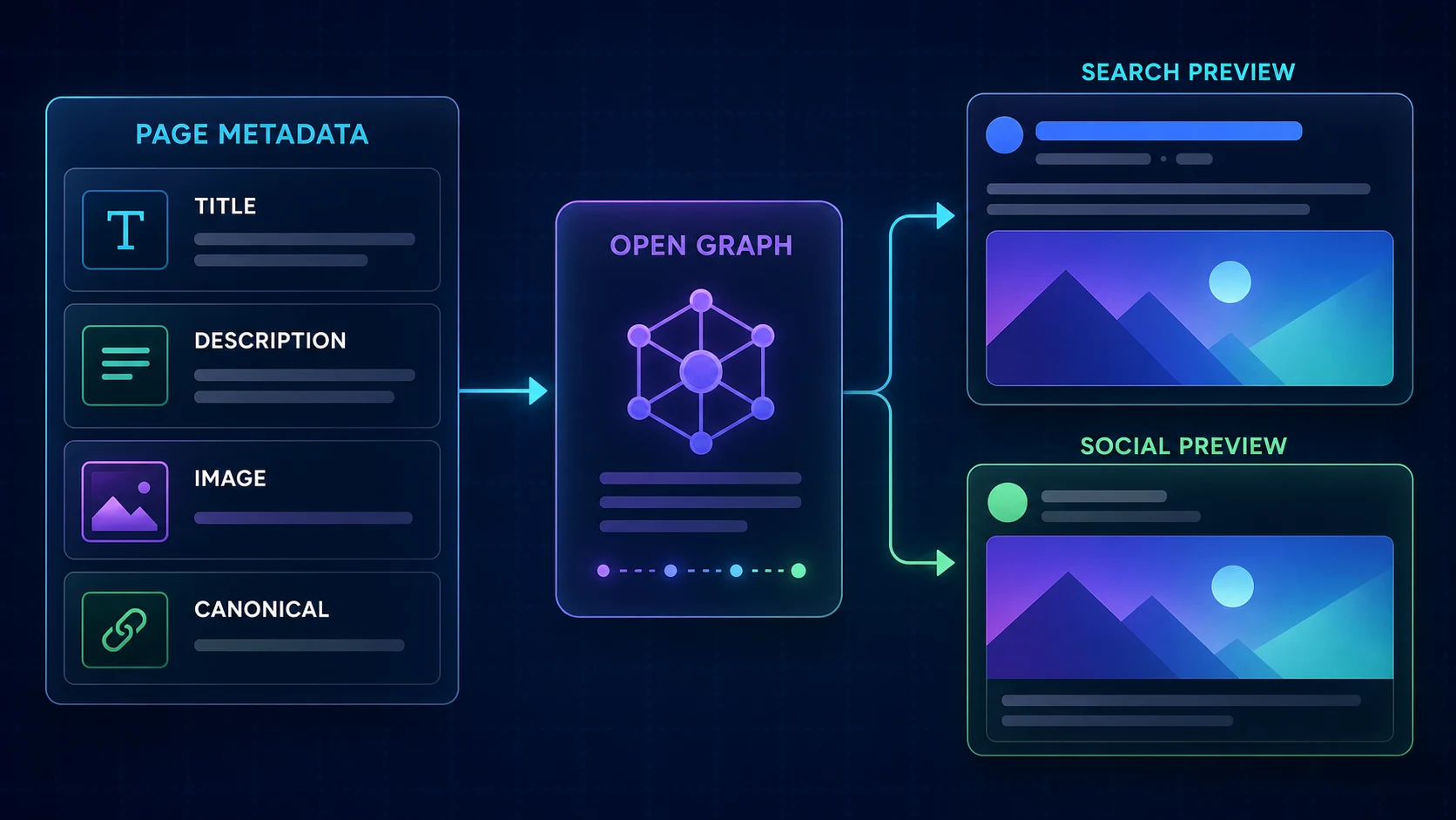 Page title, description, image, and canonical values flowing into search and social preview cards