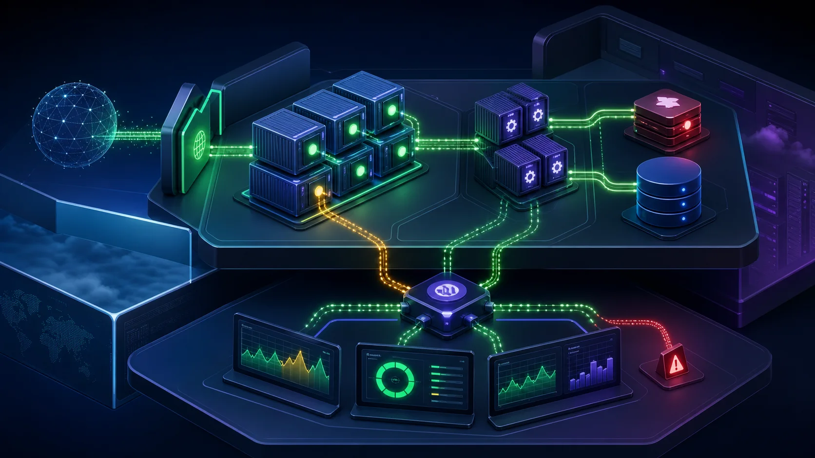 Full production stack with gateway, Next.js containers, workers, Redis, PostgreSQL, telemetry collector, dashboards, and alerts