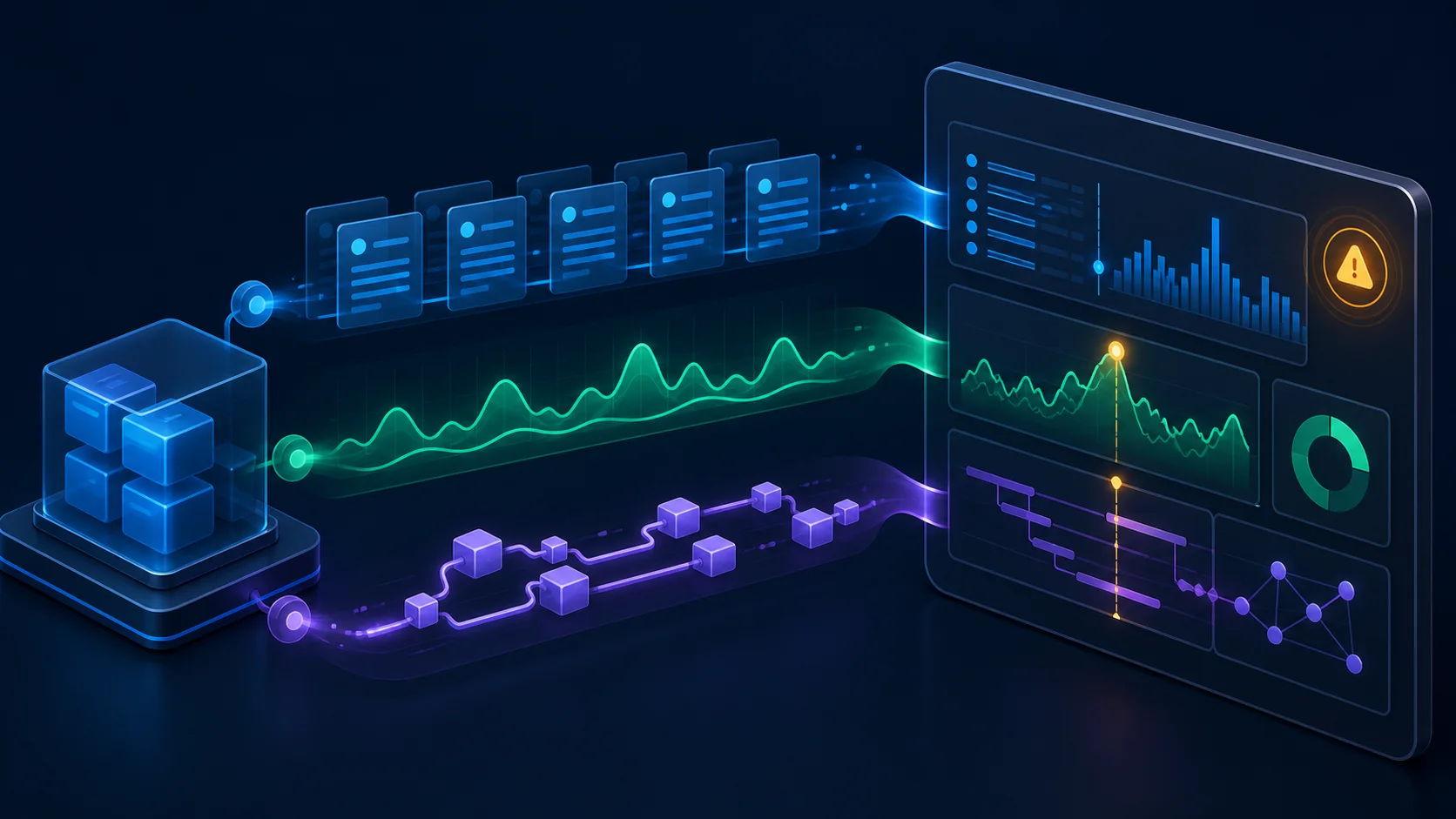 Production application emitting correlated log, metric, and distributed trace streams into one monitoring dashboard