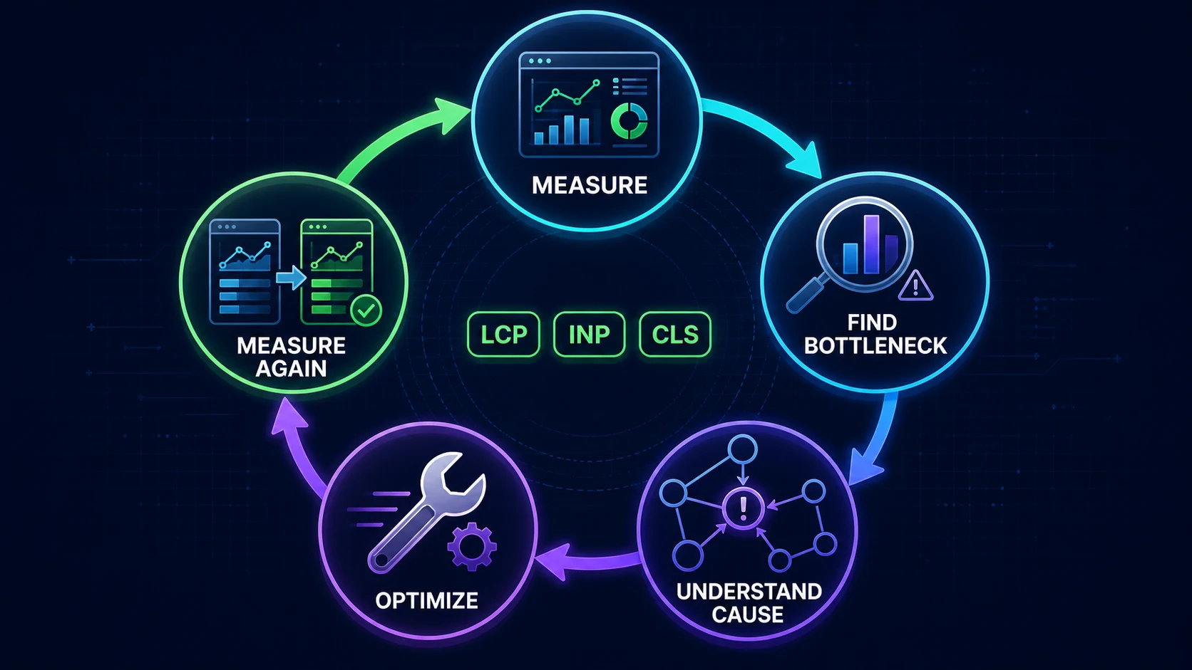Five-stage performance loop from measuring and finding a bottleneck through understanding, optimizing, and measuring again