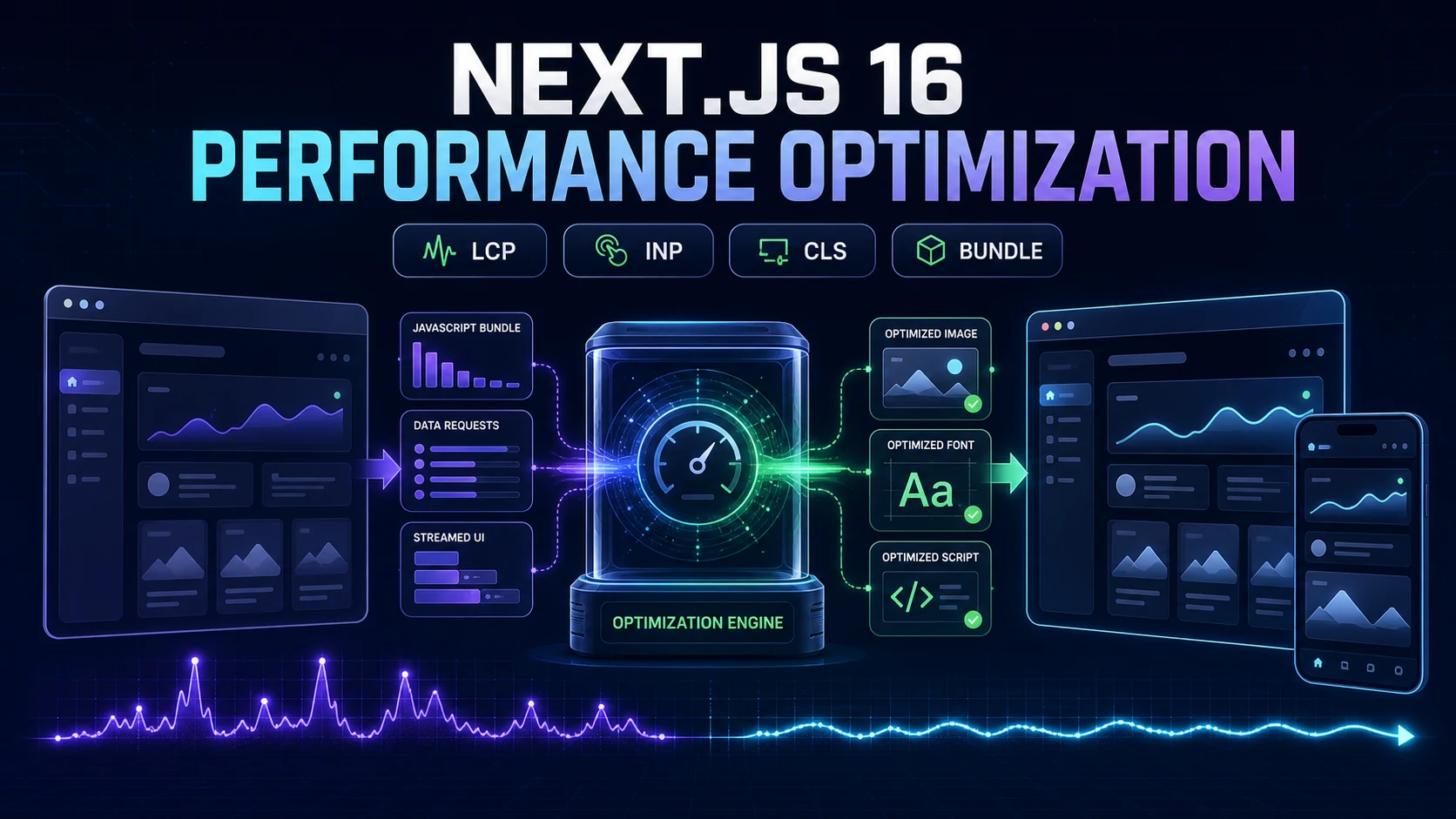 Next.js 16 performance optimization engine connecting Core Web Vitals, smaller bundles, streamed UI, images, fonts, and scripts