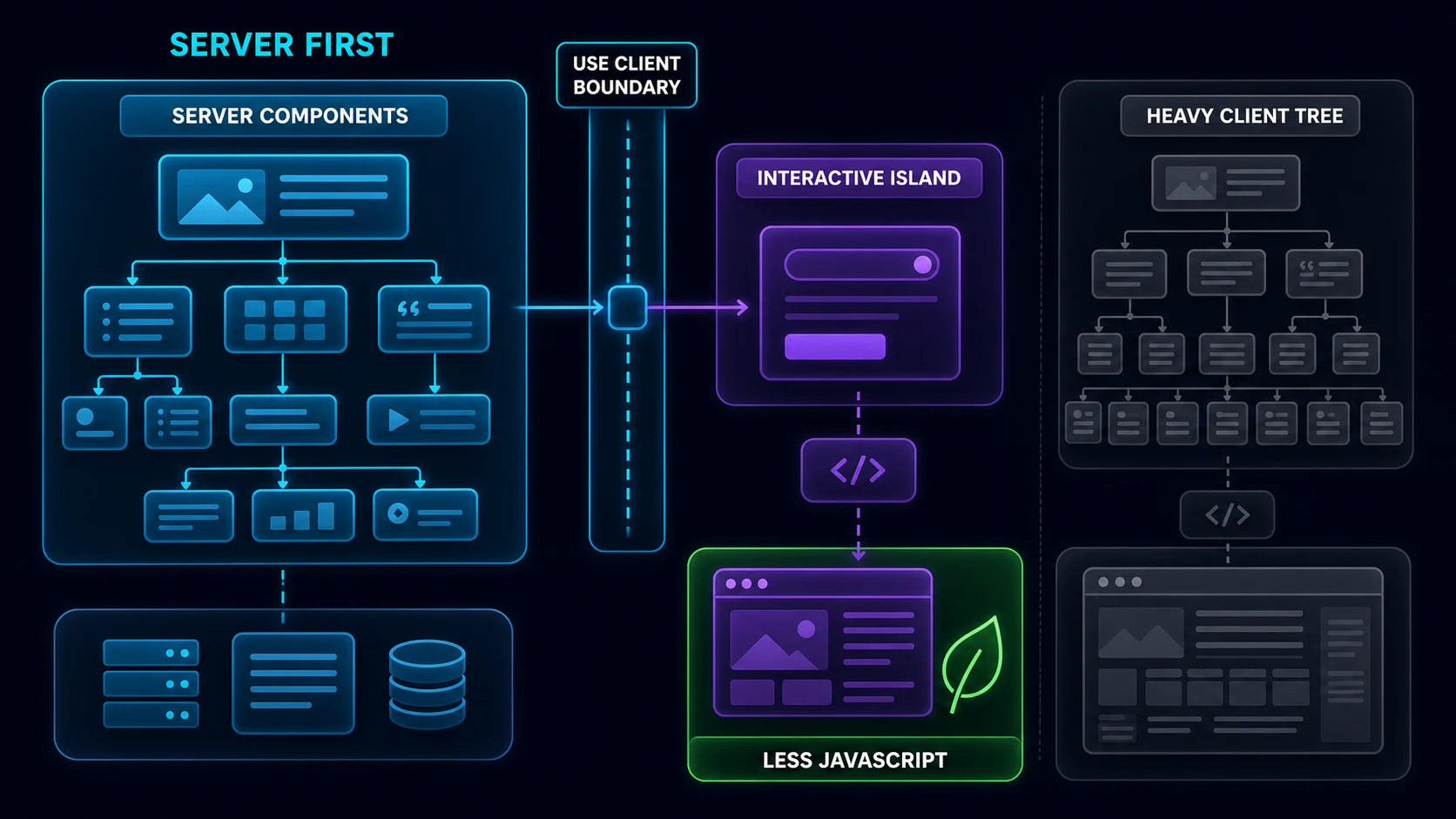 Server-first component tree sending only a narrow interactive island and small JavaScript bundle to the browser