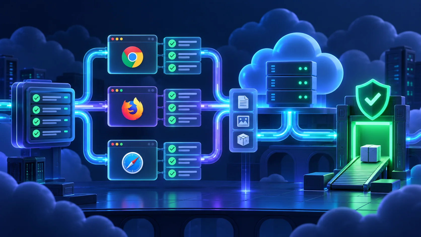 Automated tests branching across three browser engines before a protected deployment gate