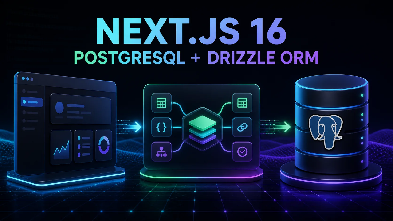Next.js 16 application connected through a typed Drizzle ORM layer to PostgreSQL