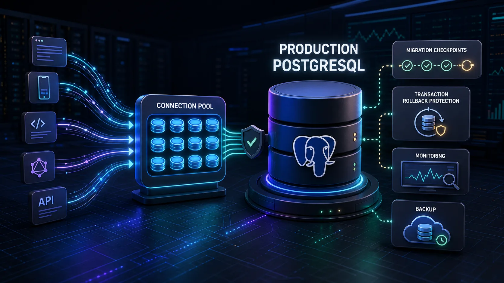 Application requests using a PostgreSQL connection pool with migrations transactions monitoring and backups